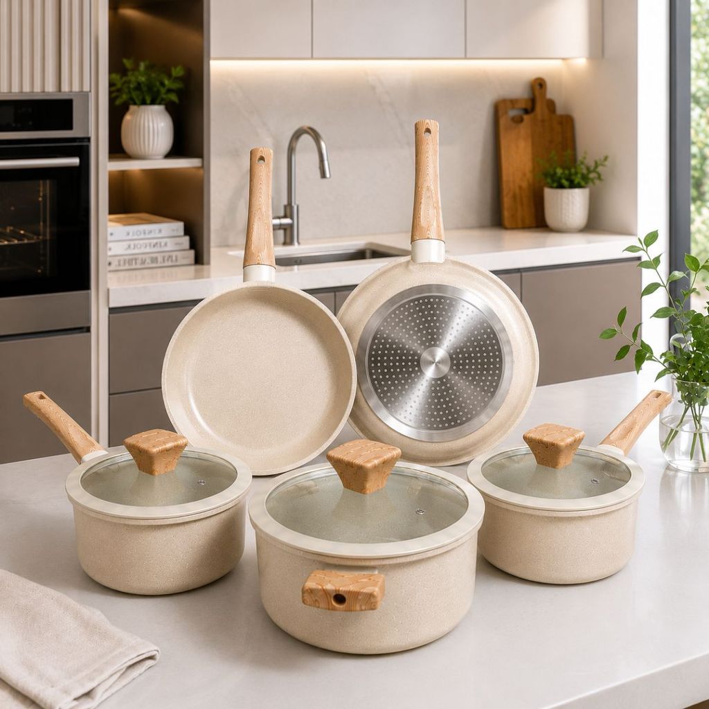 Jogo De Panelas Cerâmica Gourmet Antiaderente 5 Peças Indução Fogão Gas vidroceramico Soft Touch Tampa Vidro Premium