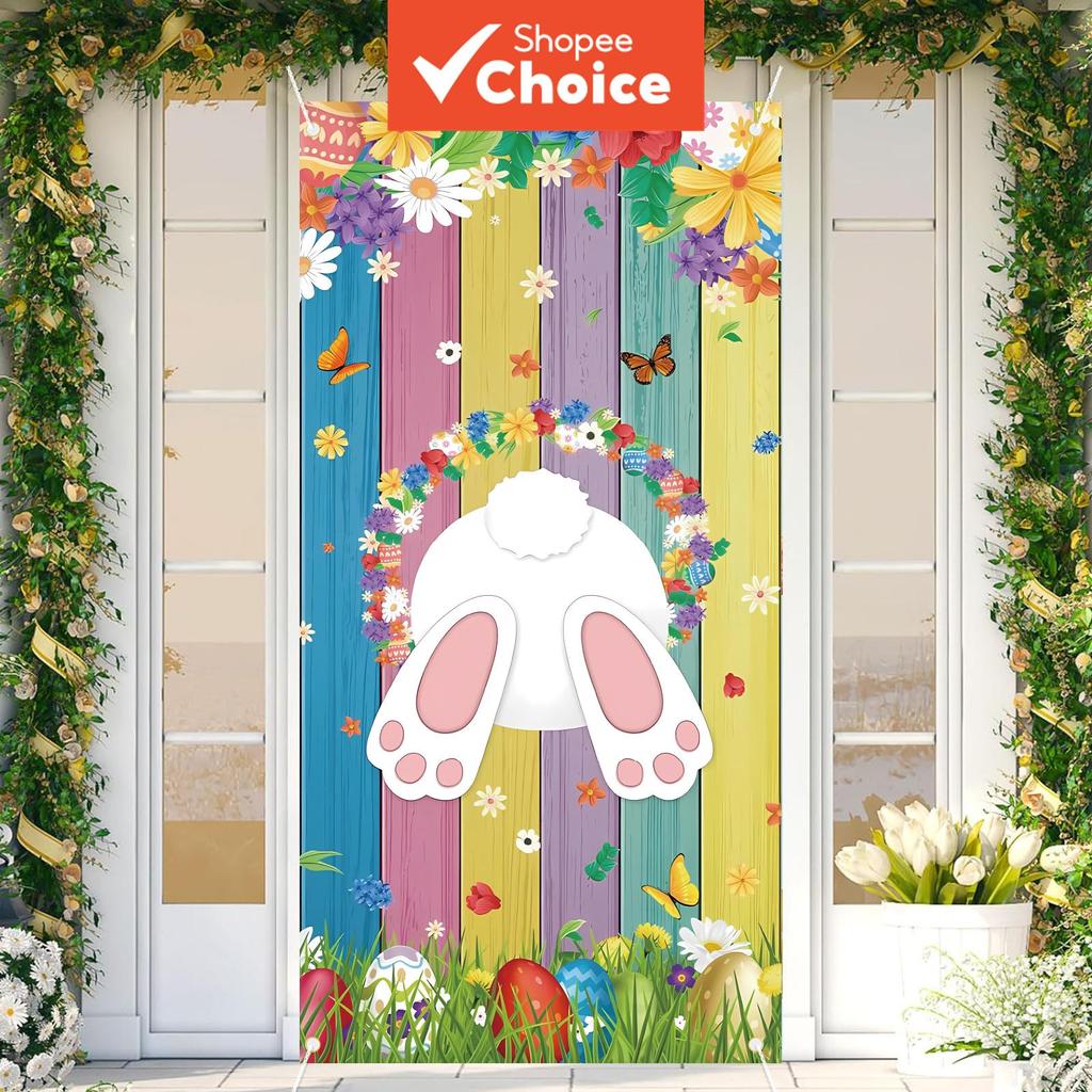 Decoração de Porta de Páscoa 6x2,9 pés, Fundo Feliz para Festa, Coelhinho e Flores para Porta Interna ou Externa
