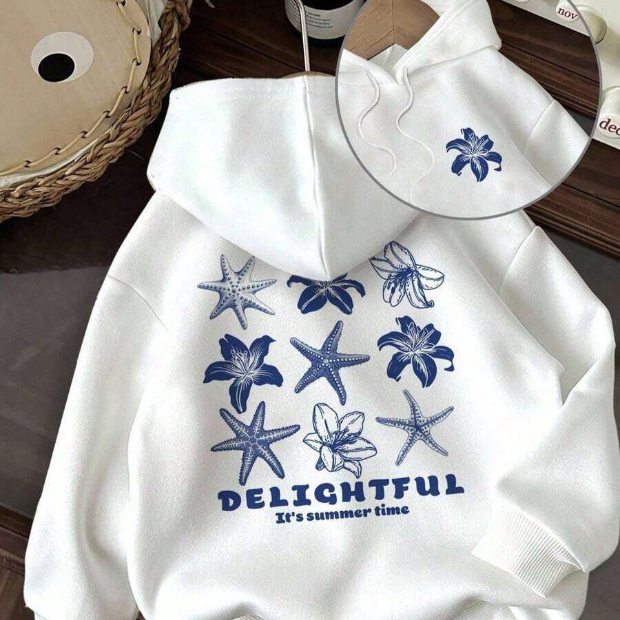 Moletom Estilo Canguru Estampa Estrelas Do Mar Quentinho Confortável Algodão Com Capuz e Bolsos Flanelado