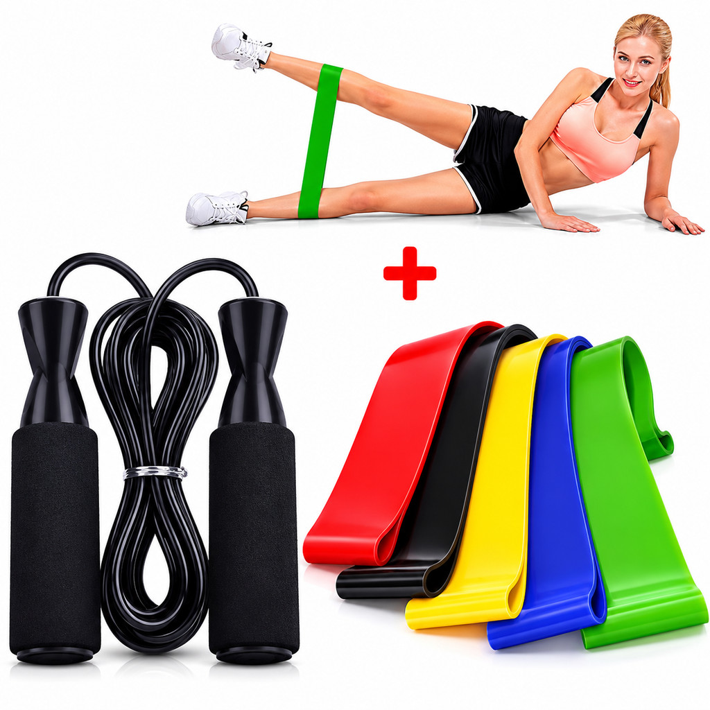 Multideia Kit 5 Faixas Elásticas + Corda de Pular CrossFit Musculação Fitness Exercício Funcional Academia