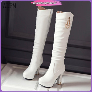 40/43 Botas femininas elegantes de couro, botas de outono e inverno, novas botas de salto alto, botas de cano alto QH603