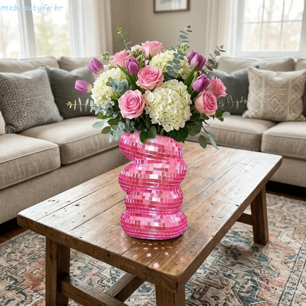 Garrafa De Flores De Telhas De Vidro MXBEAUTYFE , Vaso Espiral Decorativo De Bola De Discoteca Prateada , Plástico