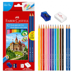 Lápis de Cor Faber Castell Kit Escolar 12 Cores Original Borracha Apontador