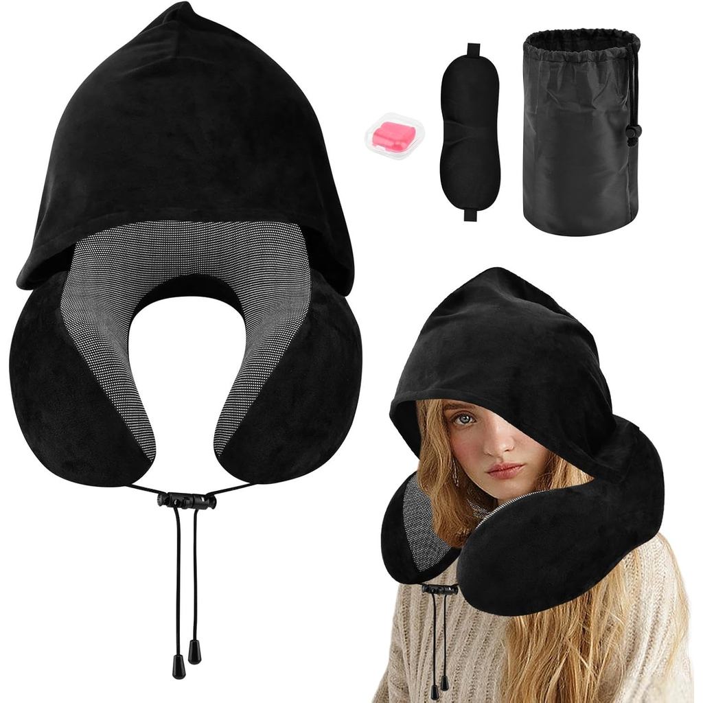 Almofada de Pescoço com Capuz para Viagem, Almofada de Viagem Macia com Protetores de Ouvido e Máscara para os Olhos, Al