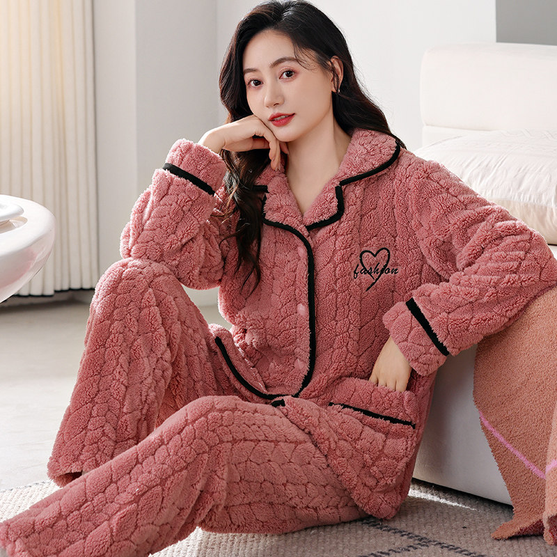 Outono inverno Coral velo pijamas feminino mais velo engrossado tamanho grande quente inverno flanela de meia-idade