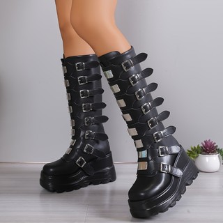 Botas de Inverno Femininas Forradas de Lã, Salto Anabela de Sola Grossa, Botas de Cano Longo, Botas Acima do Joelho, Zíp