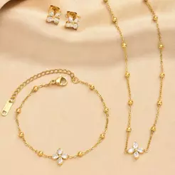 Vnox Pulseira Colar Brincos Banhado A Ouro Trevo De Quatro Folhas Conjunto Para Mulheres , Aço Inoxidável Zircão Frisado