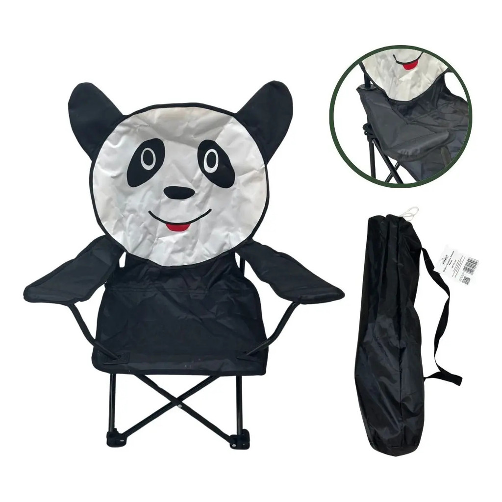 Cadeira Camping Infantil Dobrável Panda Poliéster Apoio Braço Bolsa Transporte