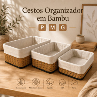 Cesto Organizador de Bambu com Forro P M G Kit Cesta Decorativa Multiuso Roupas Brinquedos Lavanderia Premium Elegante