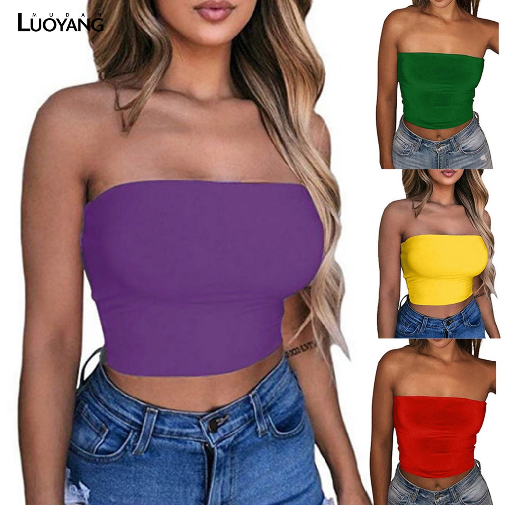 Mulheres Sexy Cor Sólida Sem Alças Recortado Mini Bustier Fino Tubo Elástico Topo