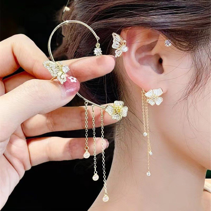 [B.Ling] Brincos de diamante simples Brincos de flor de borboleta Brincos femininos de borla sem piercing