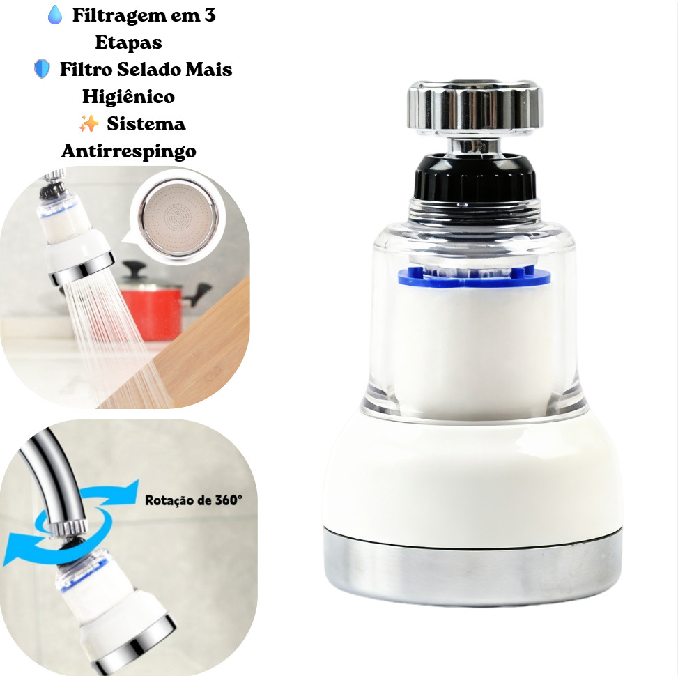 Filtro para Torneira de Cozinha Pressurizador Anti-respingos Giratório 360° Borbulhador Purificador de Água
