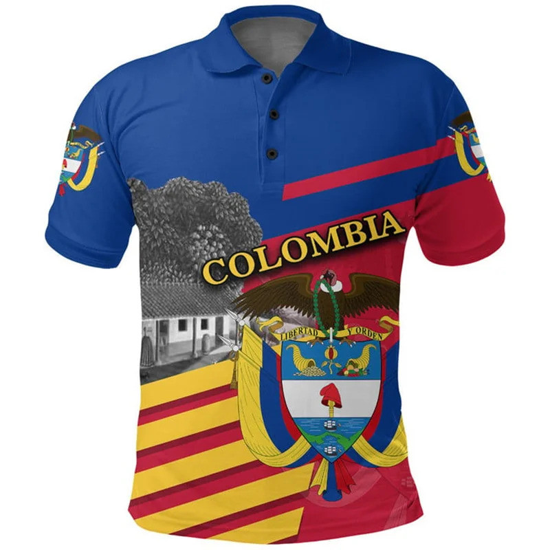 Colômbia Bandeira Polo Camisa Masculina Moda Lapela Botão Manga Curta Camisetas Topos Verão Streetwear Casual Impressão