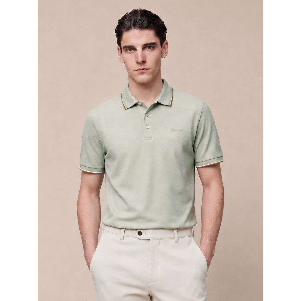 Aojia contém camisa polo alta de seda amoreira 2026 verão novo estilo Slim-fit lapela camiseta de manga curta masculina