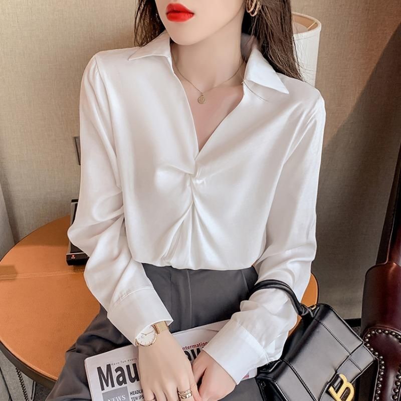 Primavera outono novo estilo lapela estilo ocidental chique manga comprida High-End camisa feminina Design plissado nich