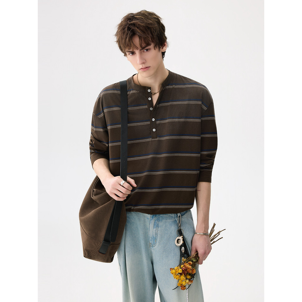 CHICERRO roupas masculinas siciliano americano Retro luz estilo maduro esfregando cor Henry colarinho de manga comprida 