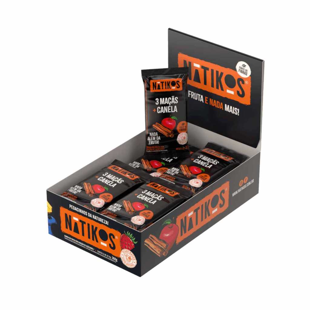 Barra De Fruta Maçã E Canela 100%  Natural Sem Açúcar  Natikos - 12 Unidades 30g
