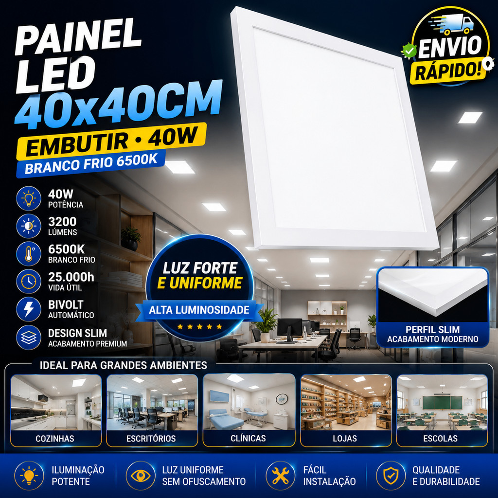 Painel Plafon LED 40x40 Embutir 40W Branco Frio Luminária Teto Gesso Escritório Paylow