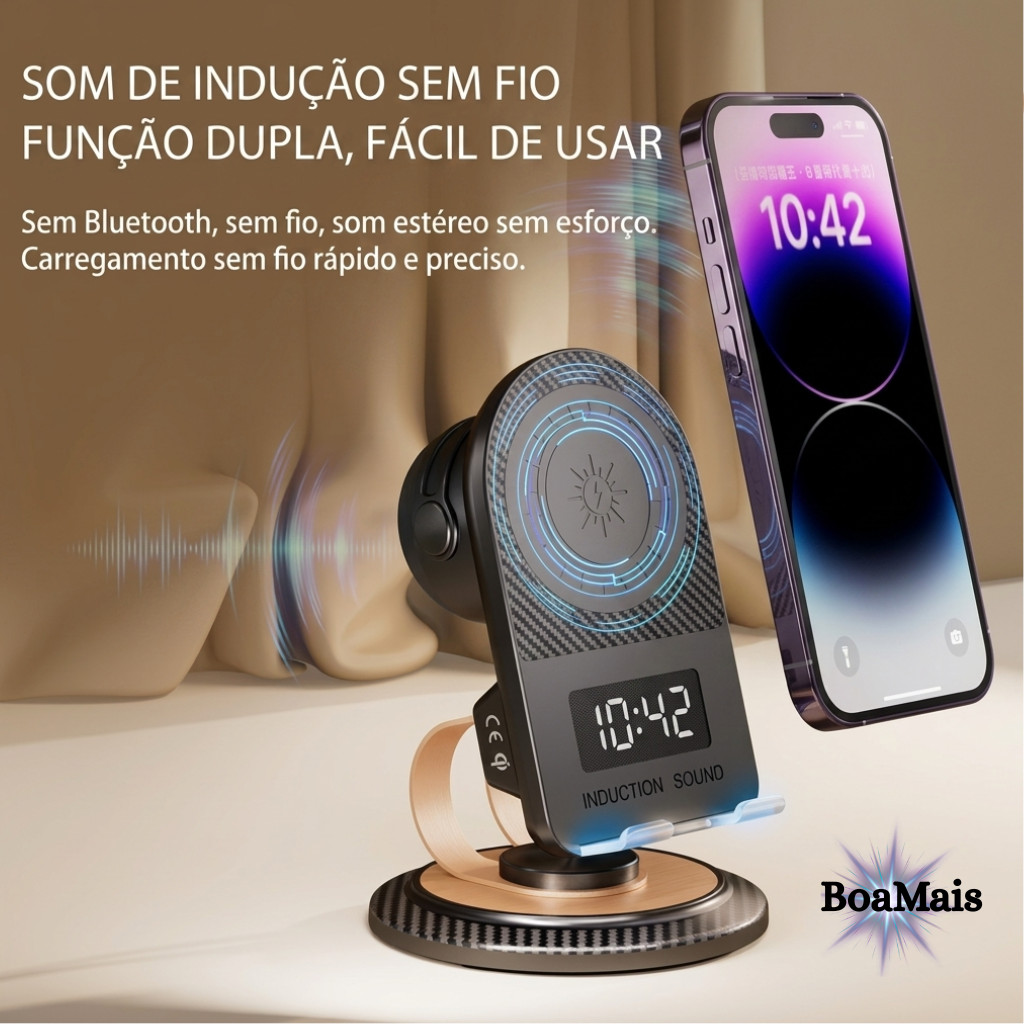 Novo - Suporte Carregador Por Indução e Caixa de Som Bluetooth para Celular e Tablet – 137x90x40mm.