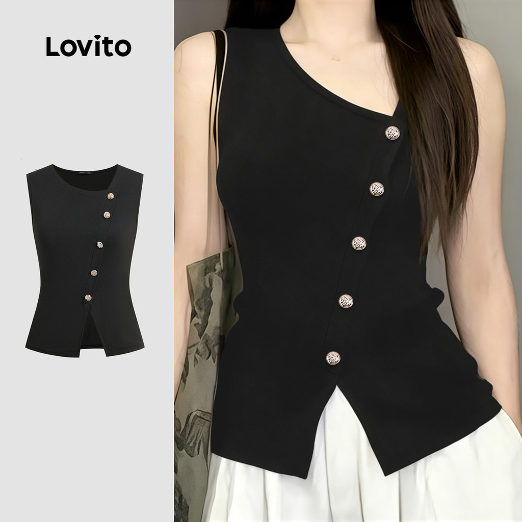 (New Arrival) Lovito Casual Top Feminino com Botão Assimétrico Frente Dividida Primavera/verão preto L195ED037