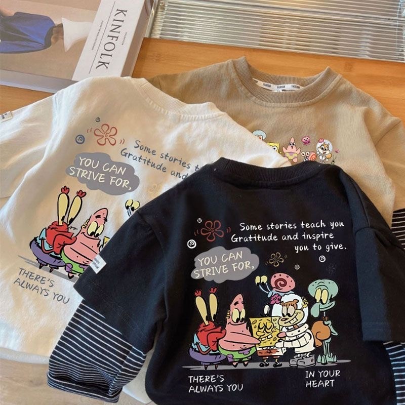 Camiseta infantil de algodão puro de manga comprida primavera outono 2026 novo estilo médio pequeno crianças desenhos an