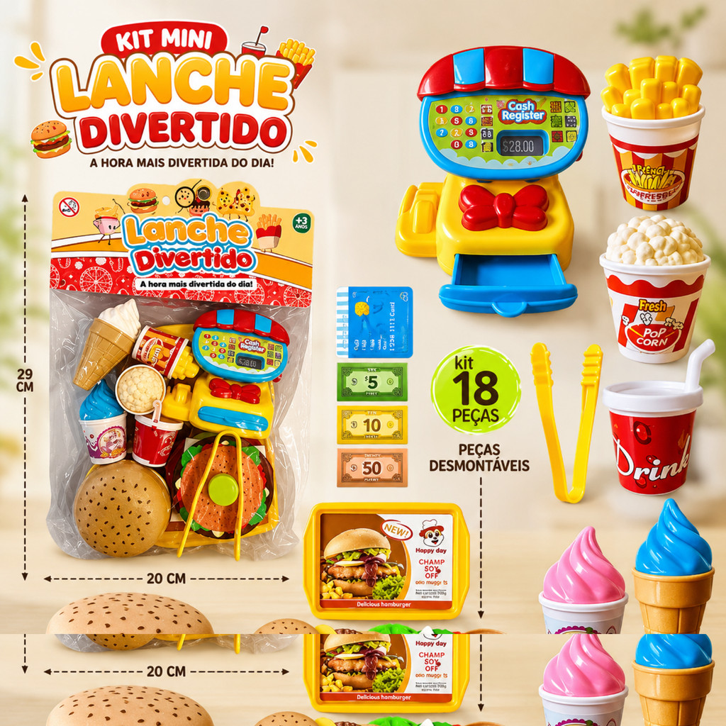 Kit Mini Hamburgueria Fast Food Comida Com Maquina Registradora