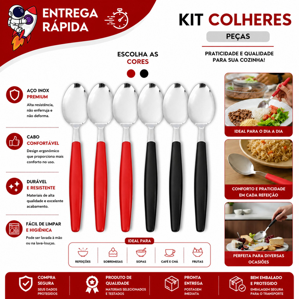 Kit 12 Colheres de Sopa Inox Cabo Plástico Premium