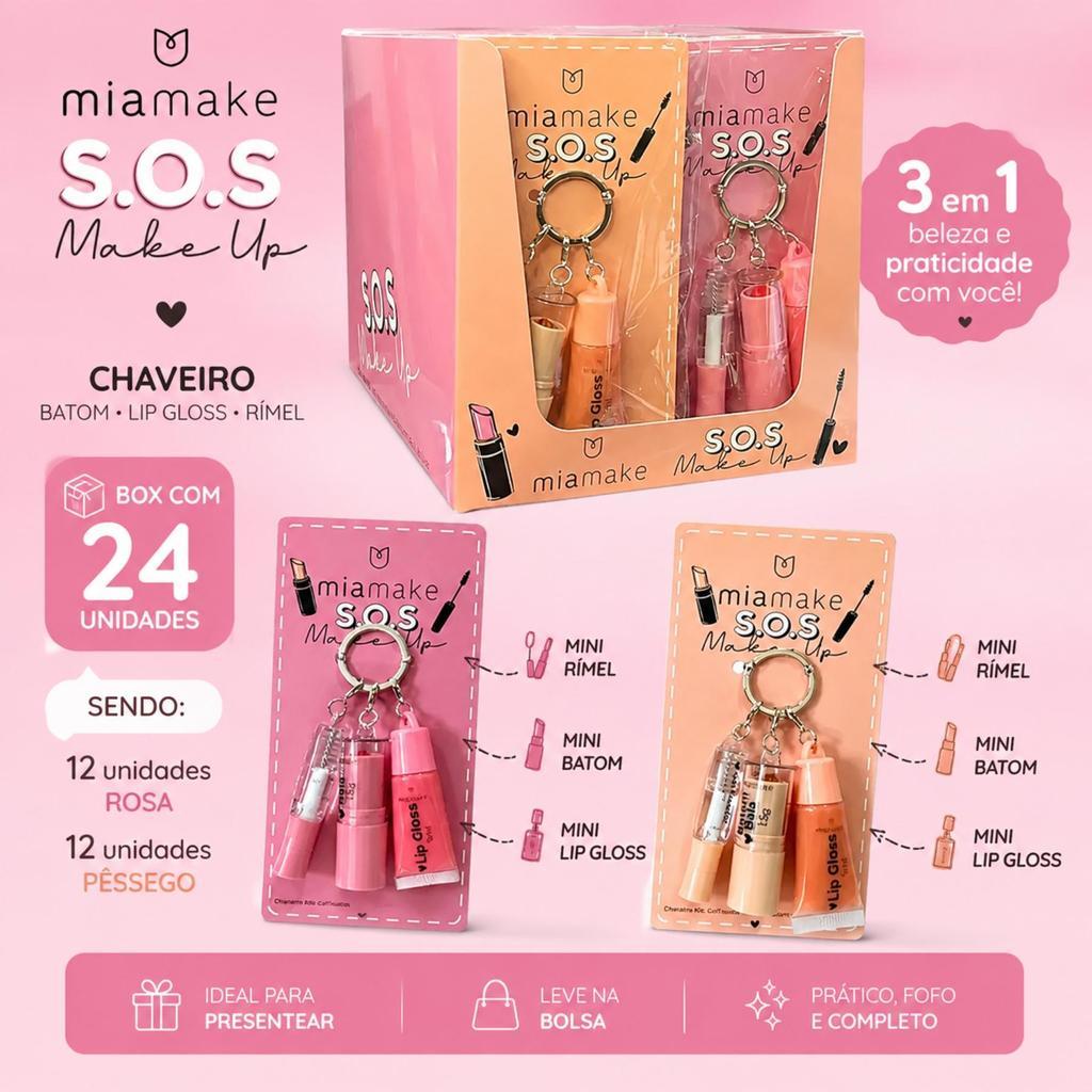 Box 24un Chaveiro Kit Maquiagem 3em1 SOS MakeUp Miamake Mini Batom Lip Gloss Rímel