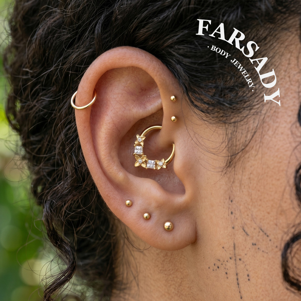 Clicker De Septo De Flor 316L , Anel De Nariz CZ Branco , Brinco De Argola Daith 16G 8mm Dourado , Hélice De Prata/Conch