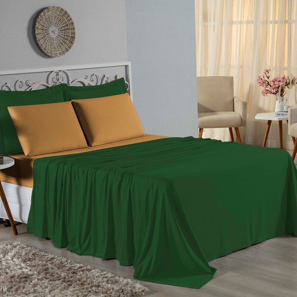 Jogo de Cama Solteiro Nobre 3 Peças Lençol com Elástico de 30cm de Altura Malha 100% Algodão - Verde-Bandeira / Cobre