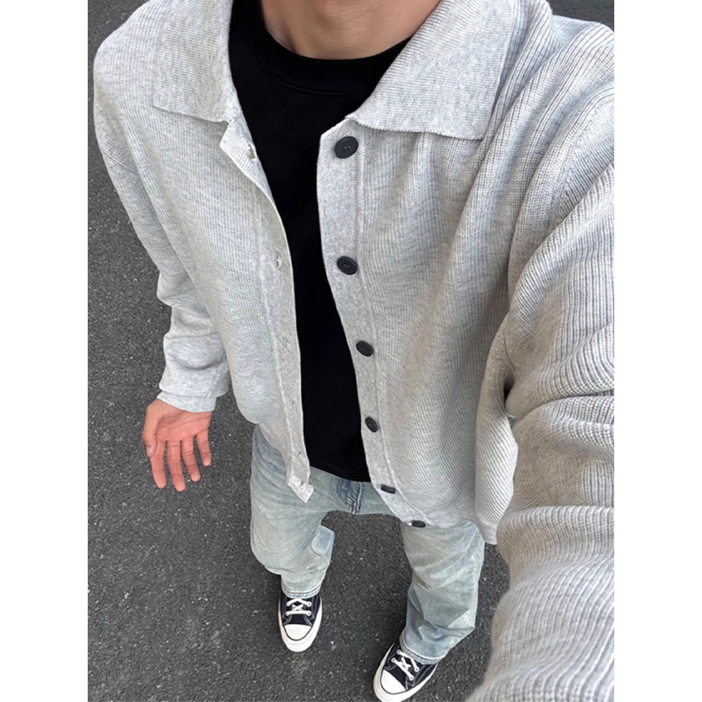 Suéter cardigã com botão cinza claro masculino primavera outono estilo Street Wear bonito suéter de lapela Top jaqueta c