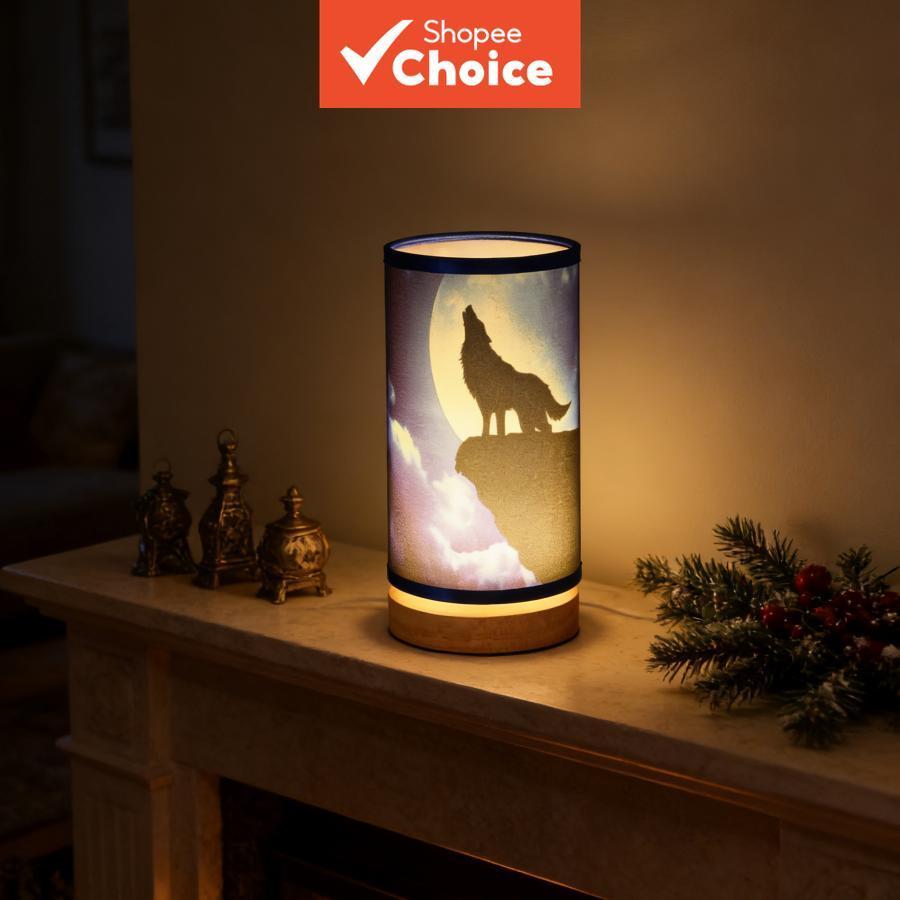 Luminária de Mesa com Cilindro de Lobo Uivando para a Lua, Abajur de Tomada para Quarto, Luminária de Cabeceira