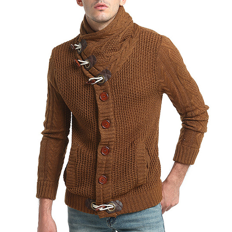 [Suéter com botão de chifre] primavera outono versão coreana masculina jaqueta cardigã moderna cor sólida lapela suéter