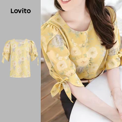 Lovito Blusa Elegante com Flores e Laço Frontal em Textura Blusa Amarela Clara para Mulheres Primavera/Verão LK6ED781