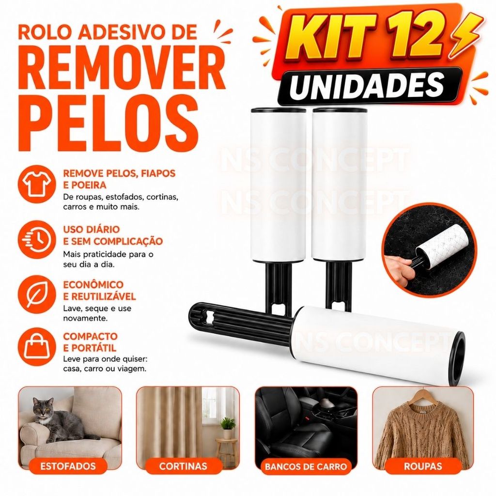 Kit 12 Rolos Removedor de Pelos e Bolinha Adesivo Tira Fiapos Para Roupas Sofá Estofados Carpete Limpeza Pet Premium