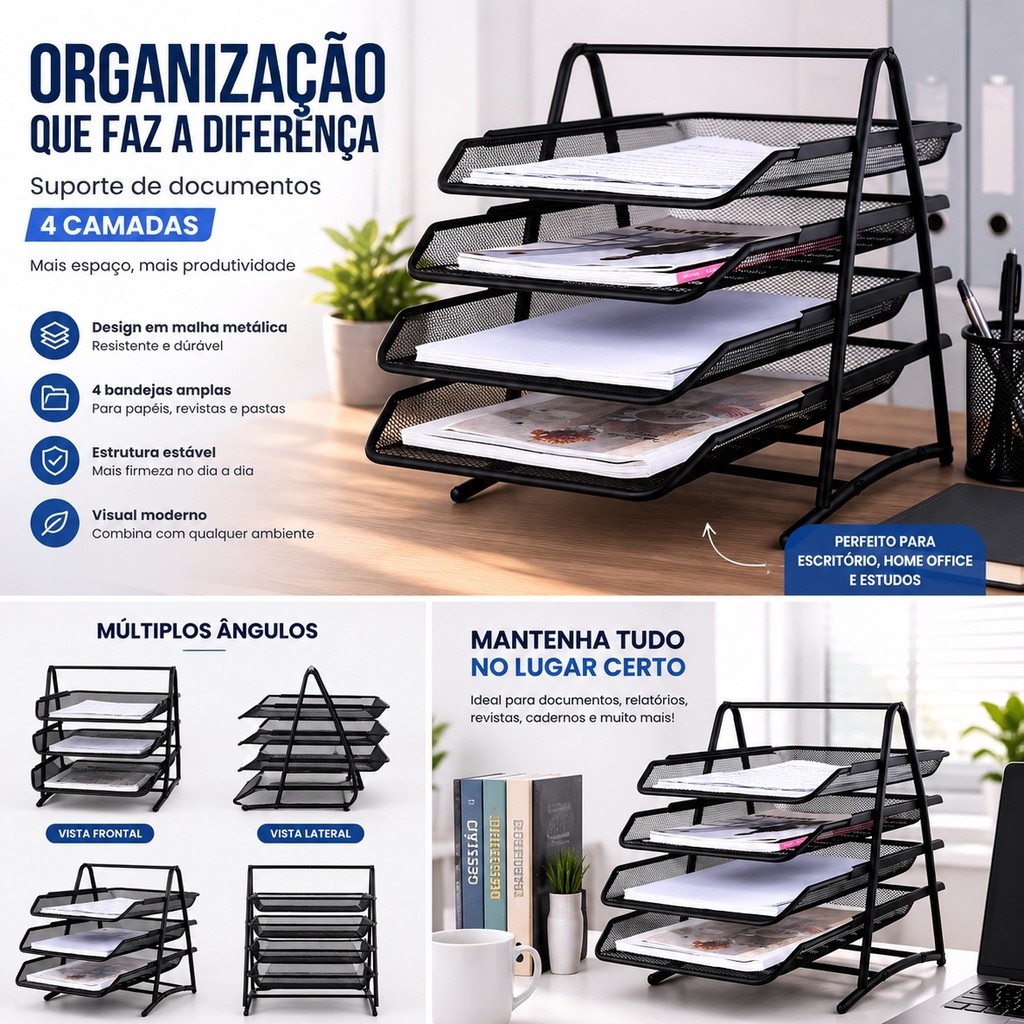 Porta Documentos A4 Organizador de Mesa 4 Andares Metálico Porta Papel Arquivos