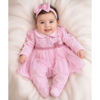 Conjunto Macacao e Vestido Bebe Menina Luxo 4 Pecas Com Laco RN ao G