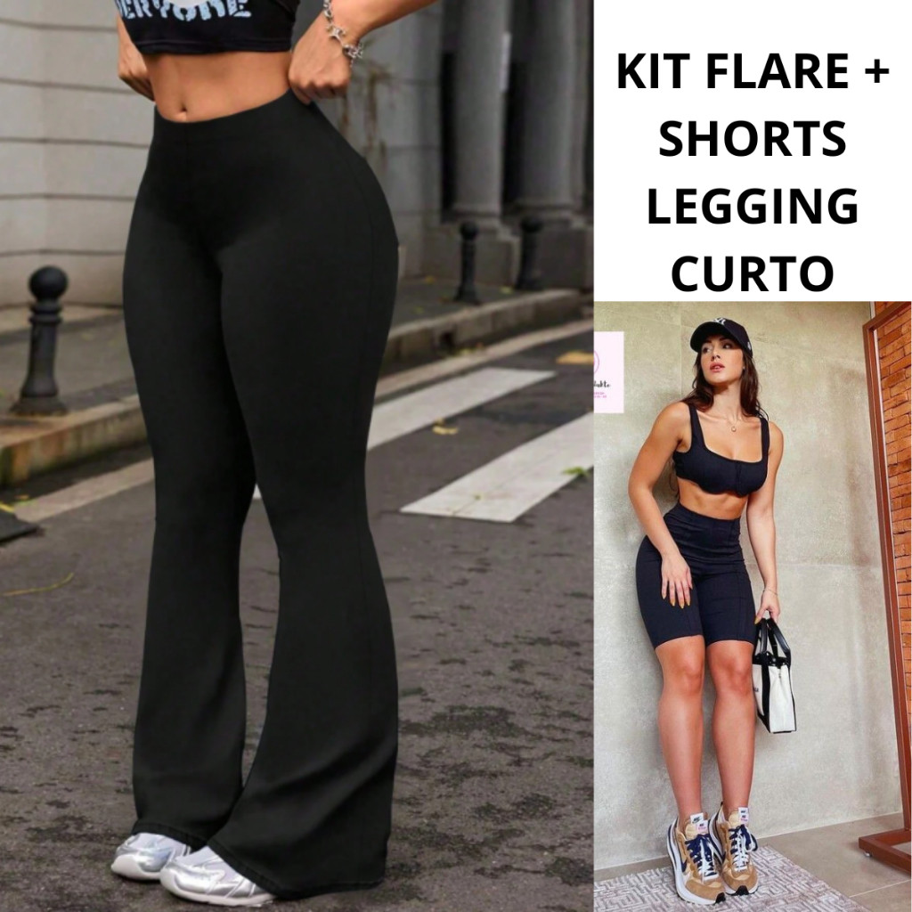 Kit 2 Legging Leg Flare + SHORTS LEGGING Feminina Boca de Sino Bailarina Suplex Levanta Bumbum