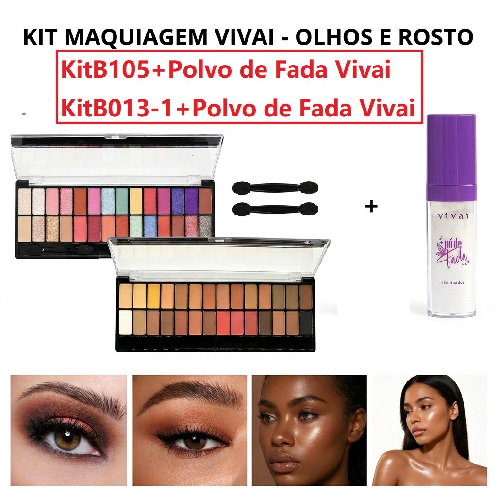 Kit Paleta Belle Angel 28 Cores B105/B013-1 + Iluminador Pó de Fada Vivai 15g Glow Facial e Corporal