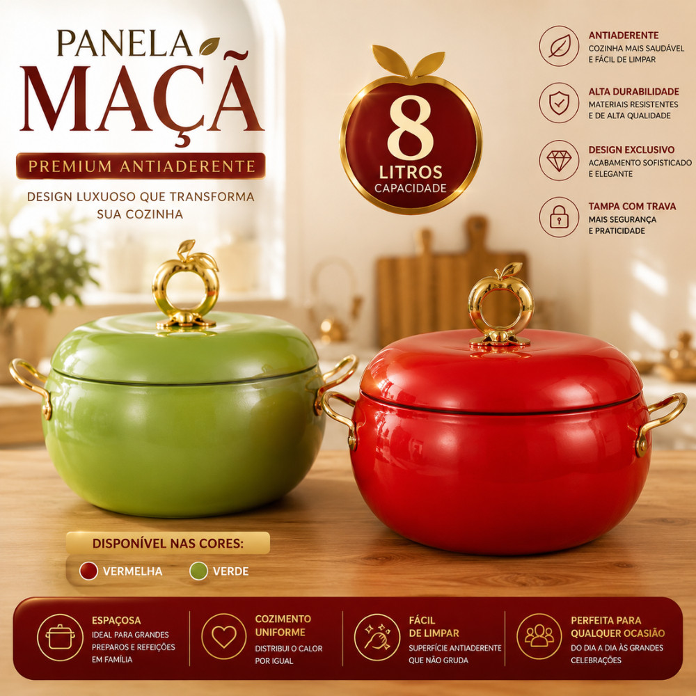 Panela Maçã 8 Litros Antiaderente Premium Com Tampa Grande Caçarola Luxo Vermelha Verde