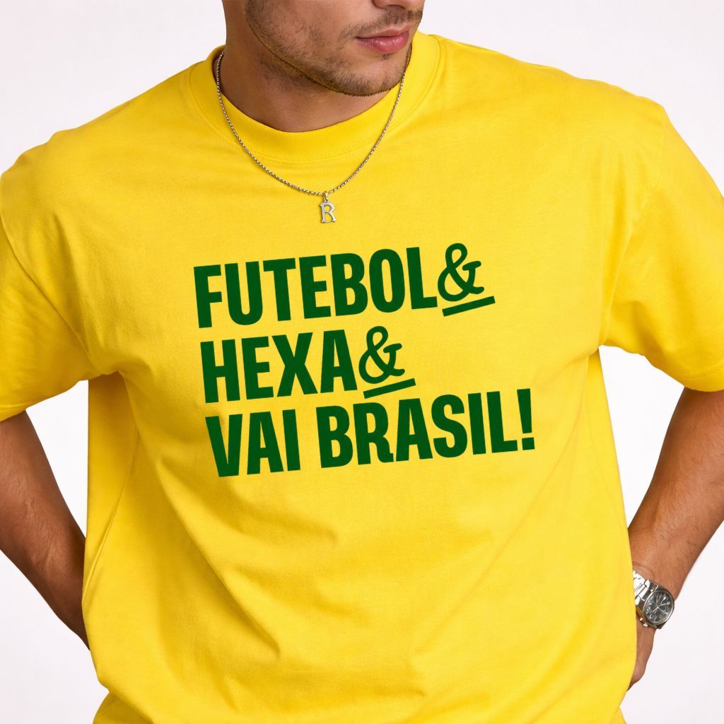 Camiseta Futebol & Hexa Brasil Seleção Brasileira Copa do Mundo Patriota Algodão Premium Unissex