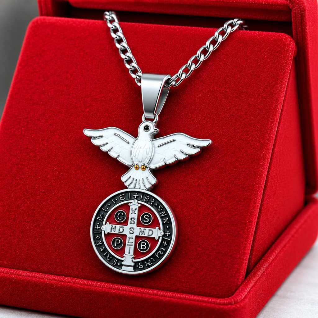 Pingente São Bento com Espírito Santo e Corrente Unissex em Aço Inox