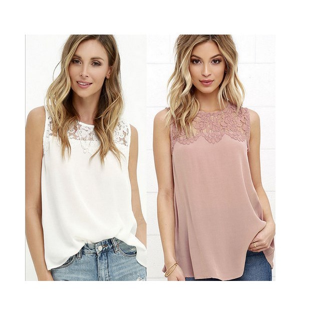 2017 AliExpress ebay Camisa sem mangas com costura branca rosa e renda Chiffon