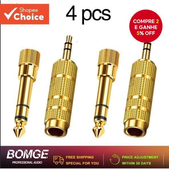 Adaptador De Áudio Dourado , 4 Unidades , 6.35 Mm , Estéreo , Macho Para 3.5 Plugue Fêmea , Conversor , Conector AUX