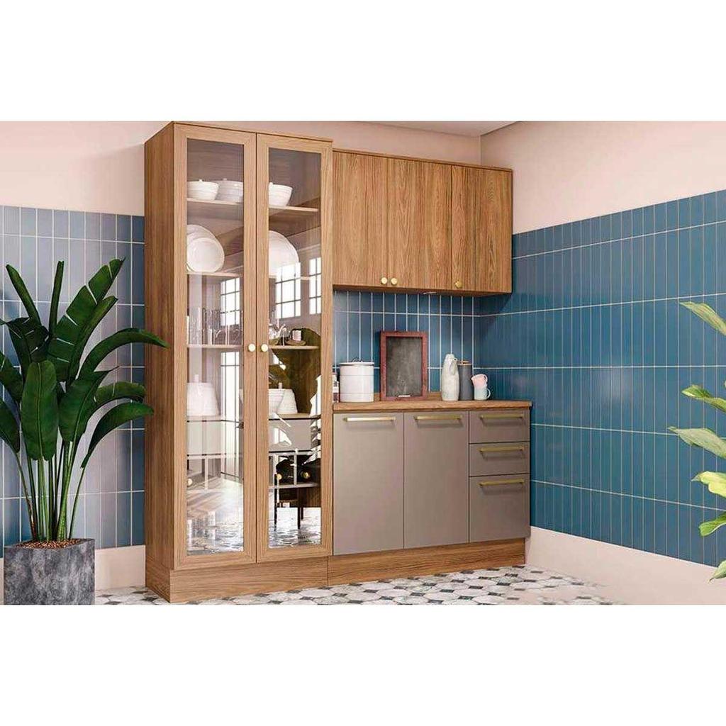 Cozinha Completa Botanic 4 Peças (1 Armário + 1 Balcão + 1 Cristaleira + 1Complemento) M656 Nogueira/Fendi - Kappesberg