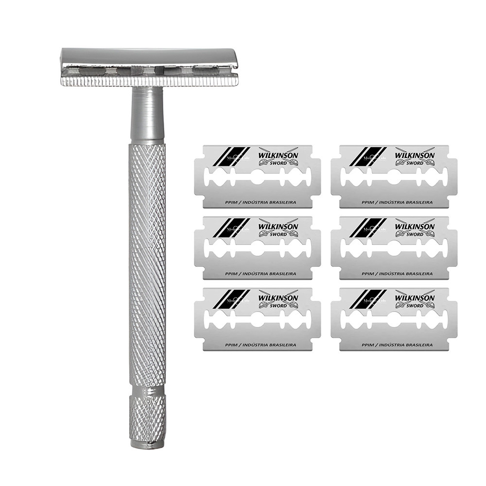 Kit Aparelho de Barbear Clássico Barbeador Vintage Aço Flexível Enox com 6 Recargas Wilkinson Sword
