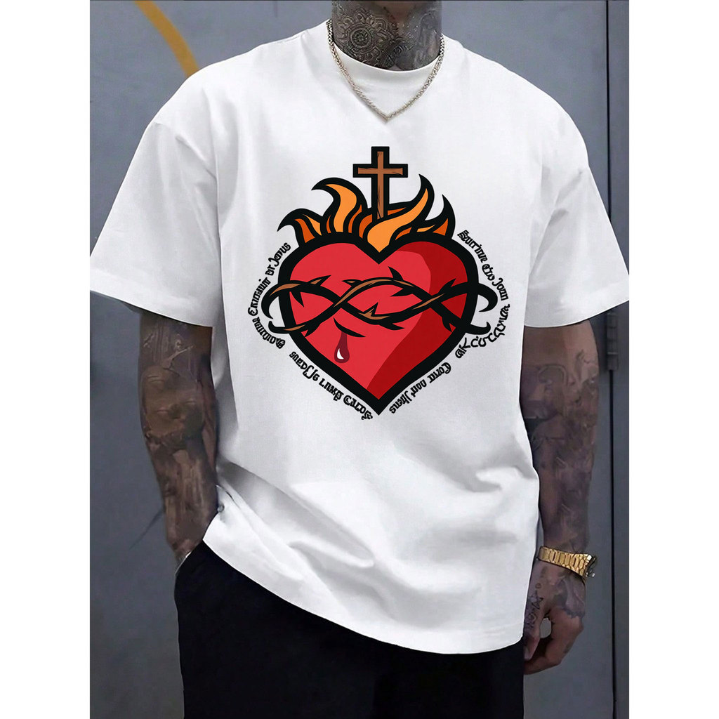 [Camiseta Premium em Algodão Puro]CC Camiseta Oversized Streetwear Masculina e Feminina com Estampa Religiosa de Coração