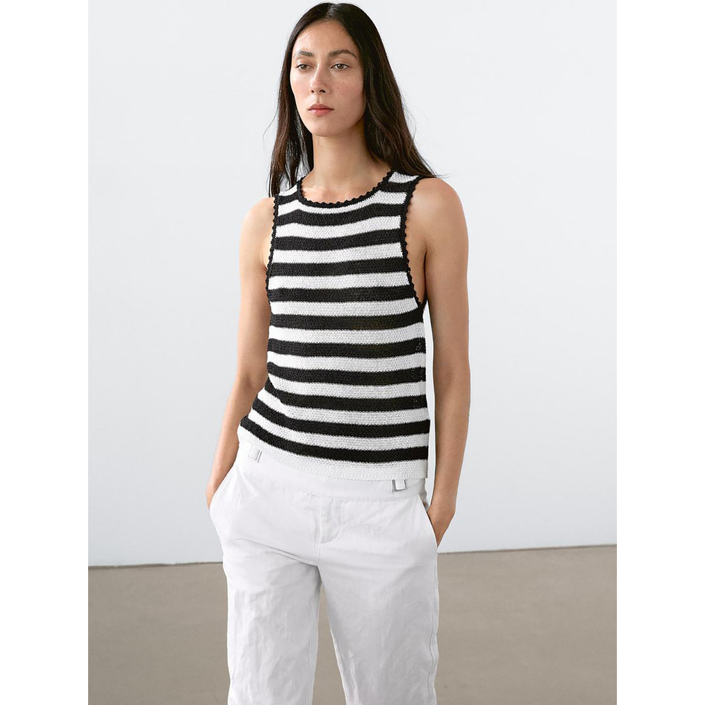 MD Roupas femininas série náutica preto branco listrado renda malha em forma de I colete sem mangas camiseta Top feminin