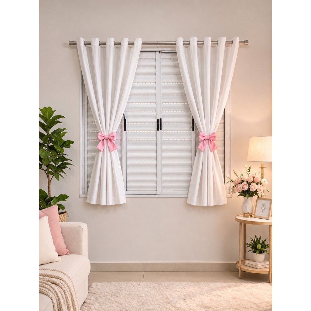 Cortina Quarto Infantil Menina Laço Rosa 3,00 x 1,40 Varão