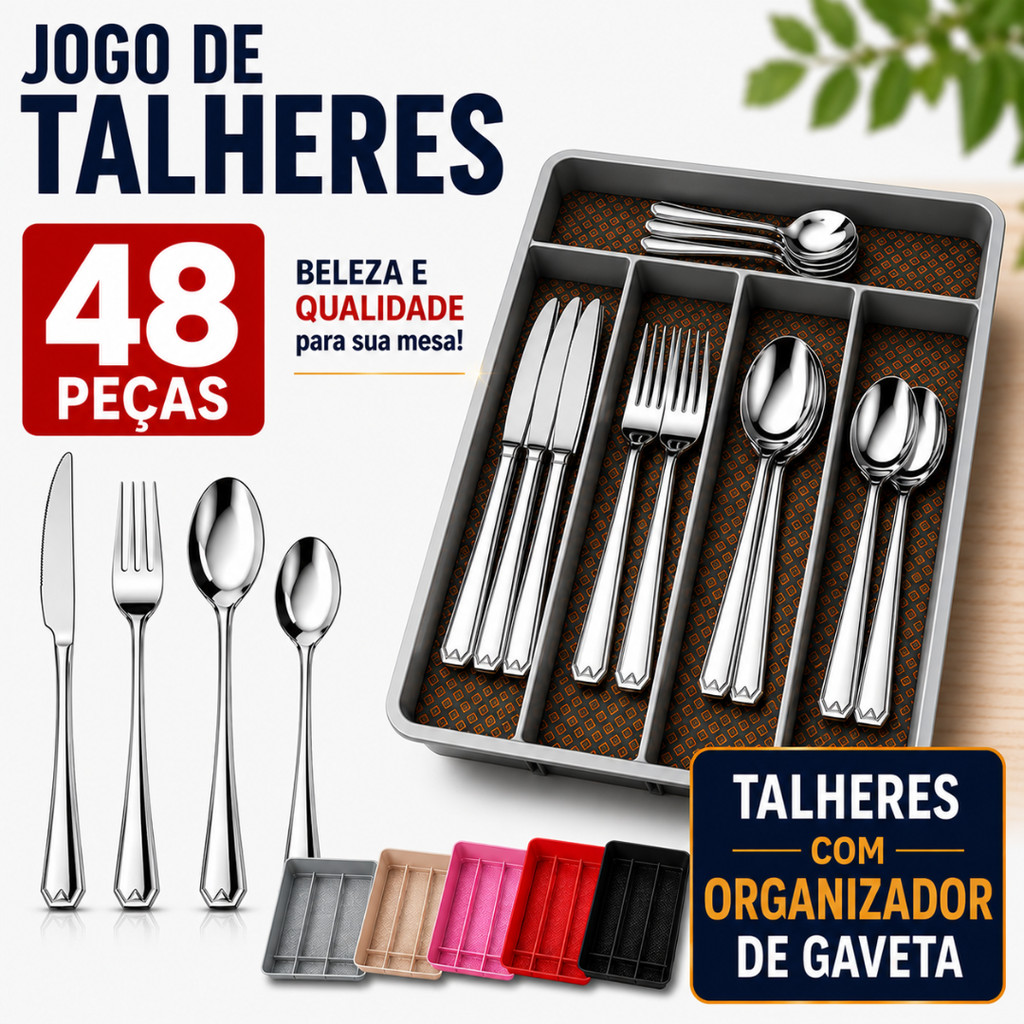 Organizador de Gaveta com Jogo Talheres Inox Cozinha Faqueiro com 24 36 ou 48 Peças